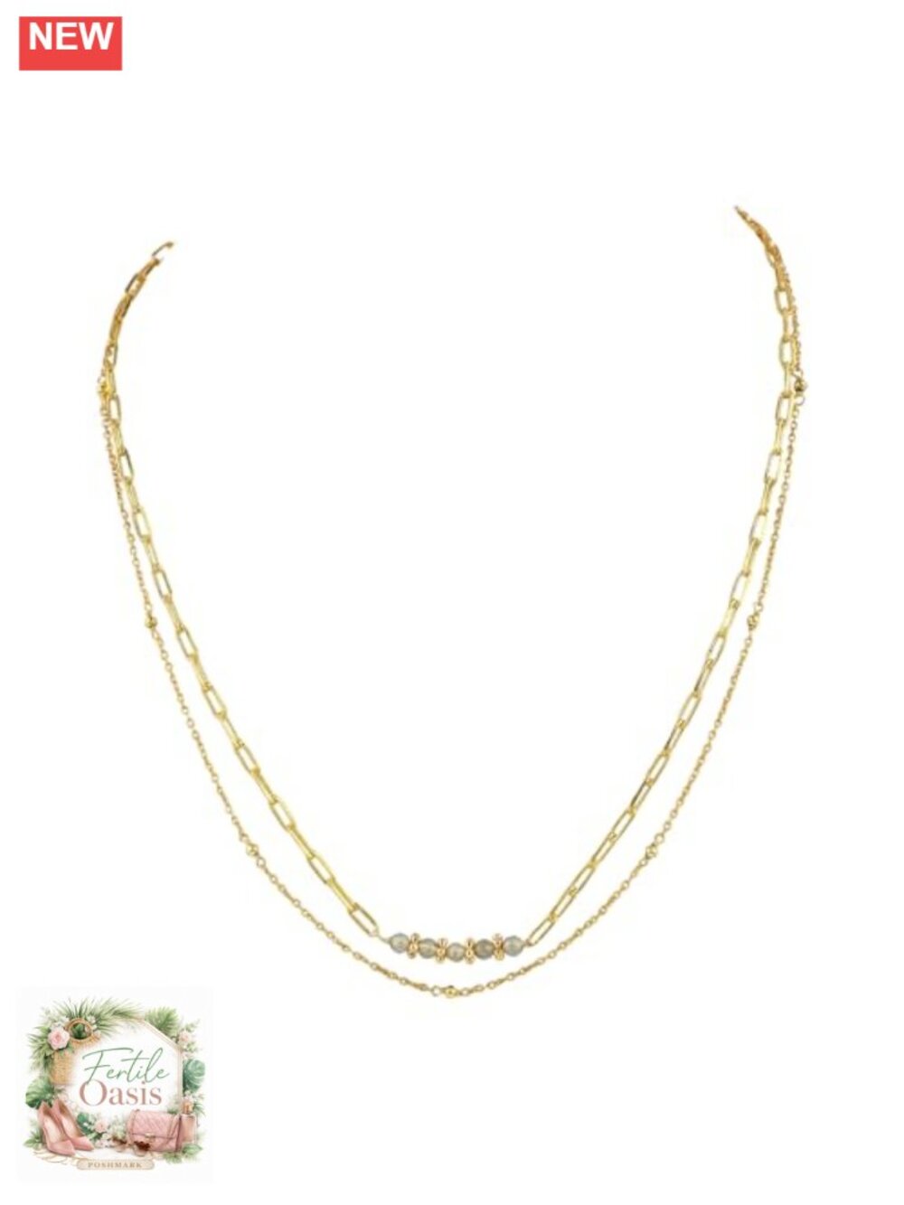 2-Layer Gemstone Beads Choker Necklace, 14k Gold Plated Dainty Stackable Choker